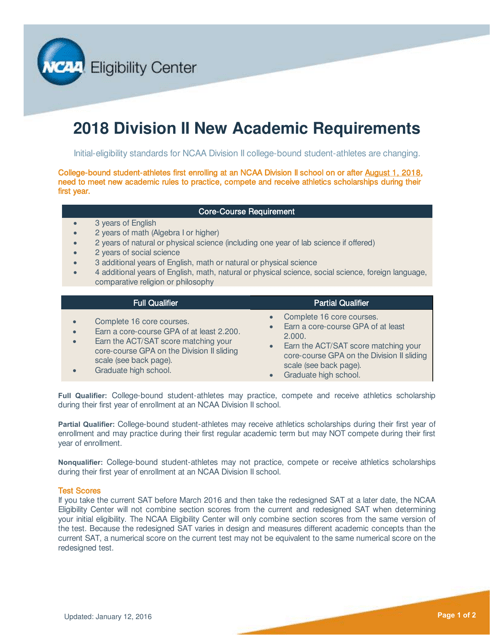 2018 Division II New Academic Requirements - National Collegiate Athletic Association Document
