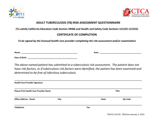 Form TCB-01 Adult Tuberculosis (Tb) Risk Assessment Questionnaire - California, Page 2