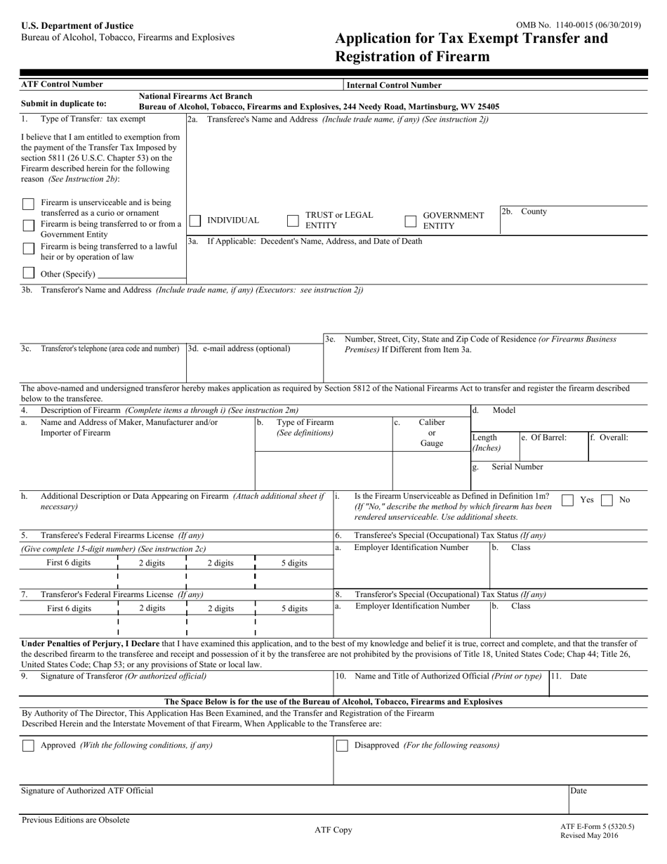 ATF Form 5 (5320.5) Application for Tax Exempt Transfer and Registration of Firearm, Page 1