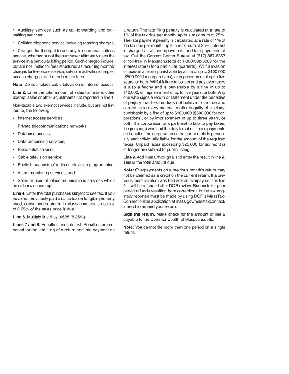 Instructions for Form STS Sales and Use Tax on Telecommunications Services Return - Massachusetts, Page 2