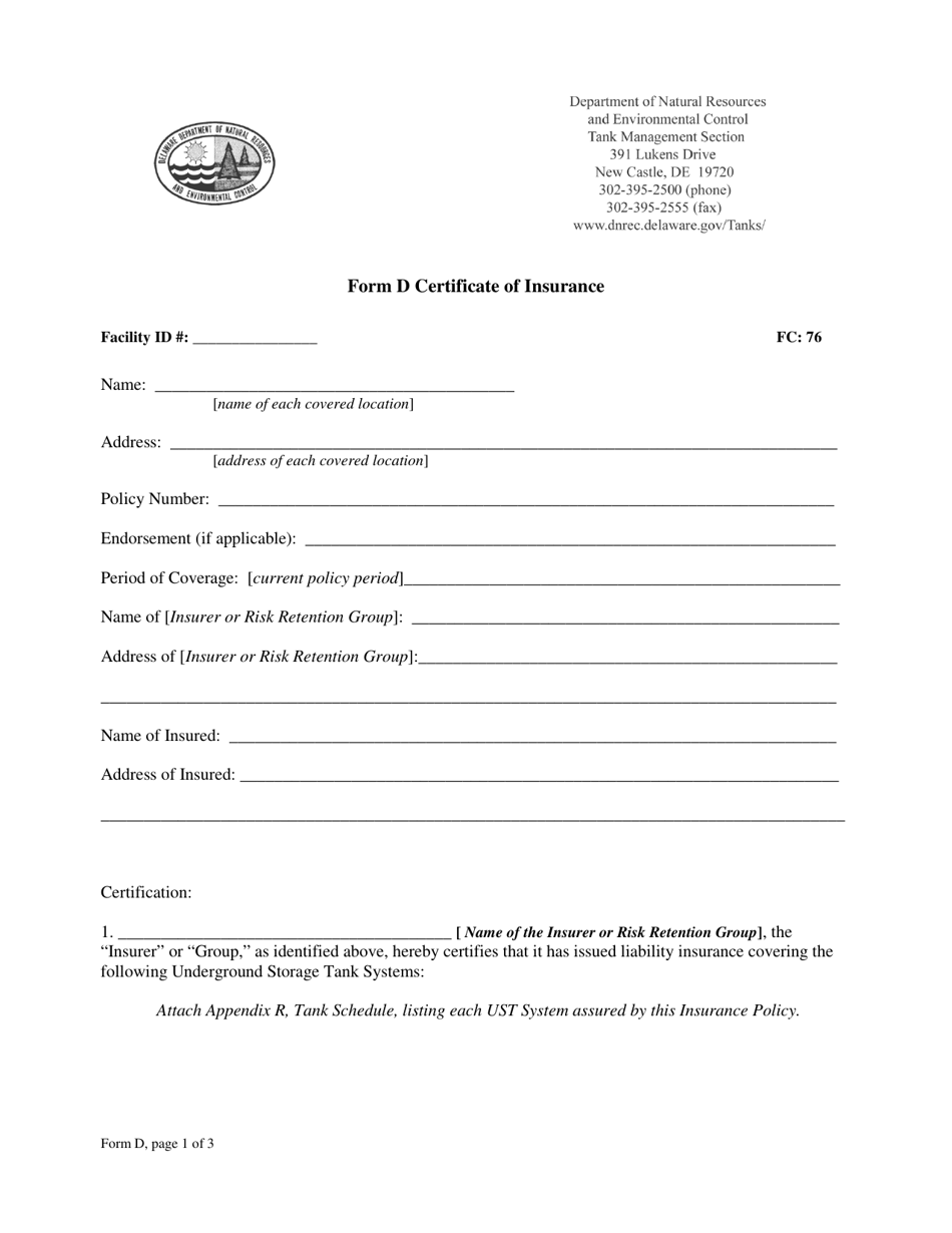 Form D Certificate of Insurance - Delaware, Page 1