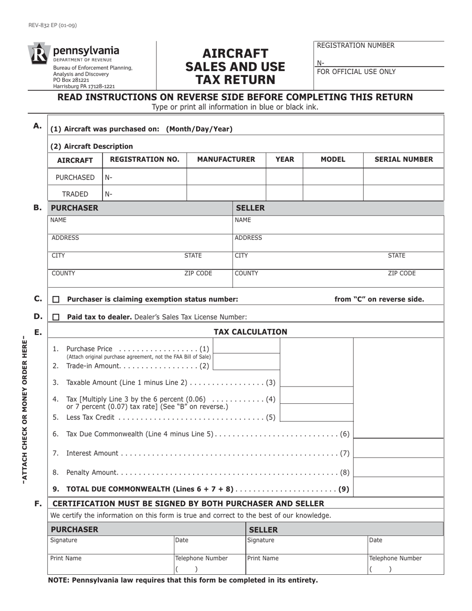 Form REV-832 Aircraft Sales and Use Tax Return - Pennsylvania, Page 1
