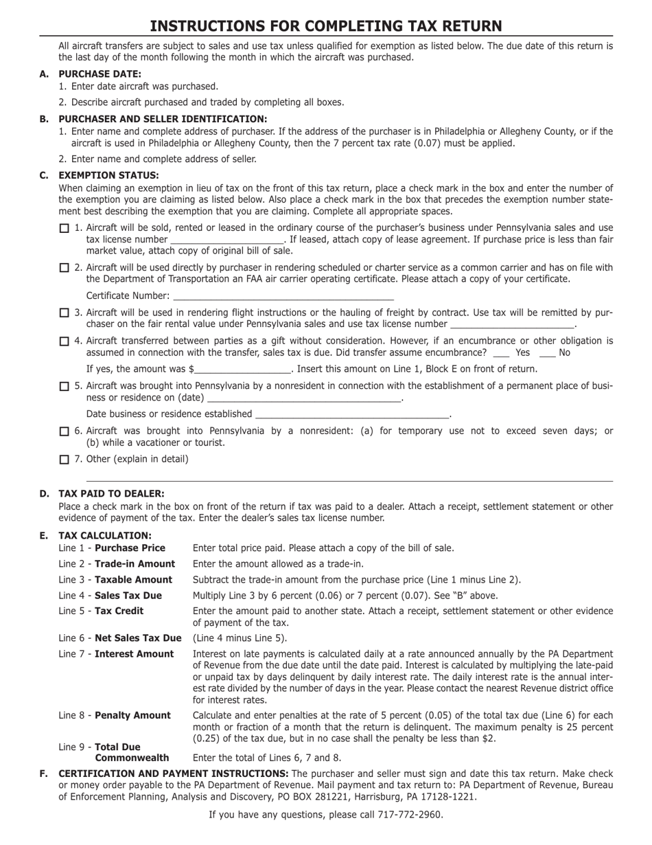 Form REV-832 Aircraft Sales and Use Tax Return - Pennsylvania, Page 2