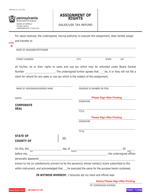 Form DBA-06 Assignment of Rights - Sales/Use Tax Refund - Pennsylvania
