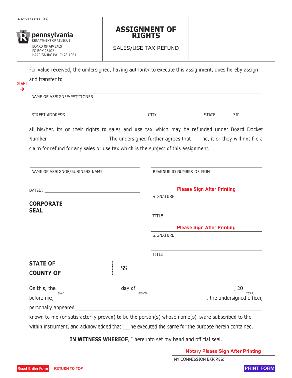 Form DBA-06 Assignment of Rights - Sales / Use Tax Refund - Pennsylvania, Page 1