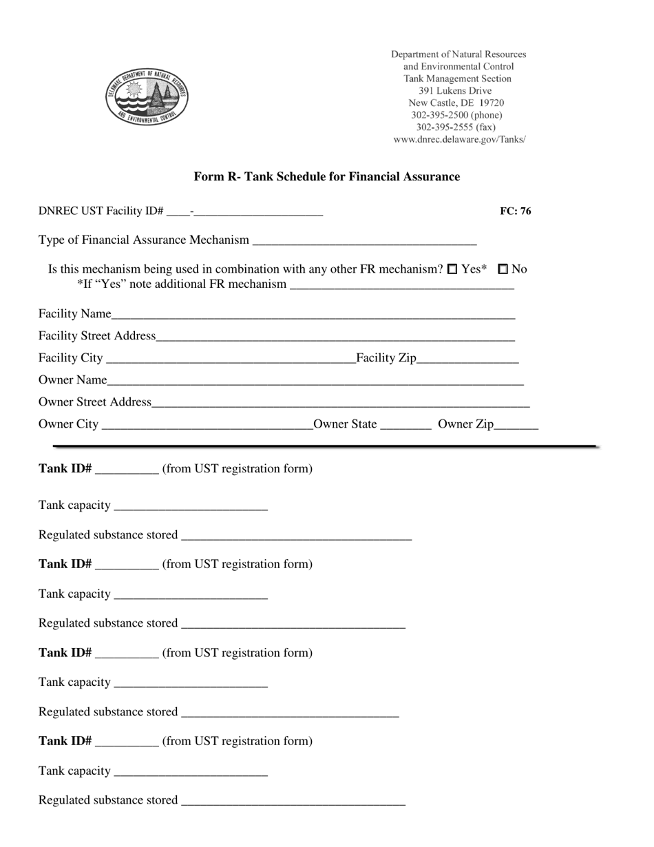 Form R Tank Schedule for Financial Assurance - Delaware, Page 1