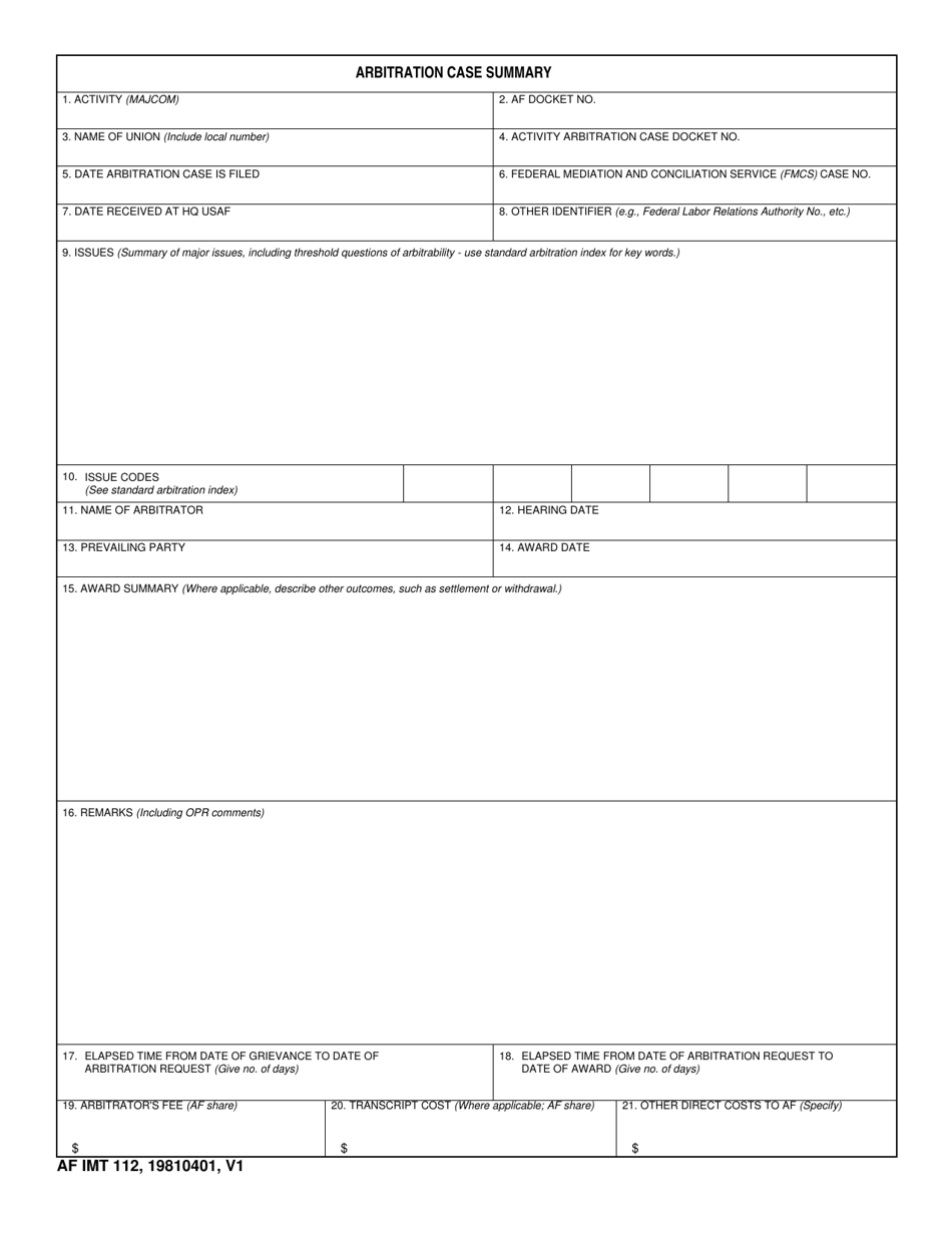 AF IMT Form 112 Arbitration Case Summary, Page 1