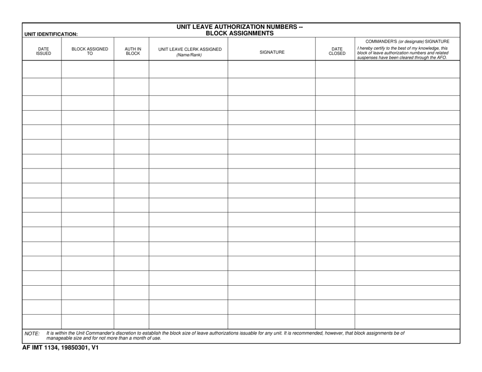 AF IMT Form 1134 Unit Leave Authorization Numbers - Block Assignments, Page 1