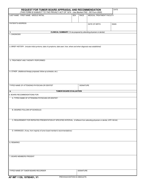 AF IMT Form 1139 Request for Tumor Board Appraisal and Recommendation