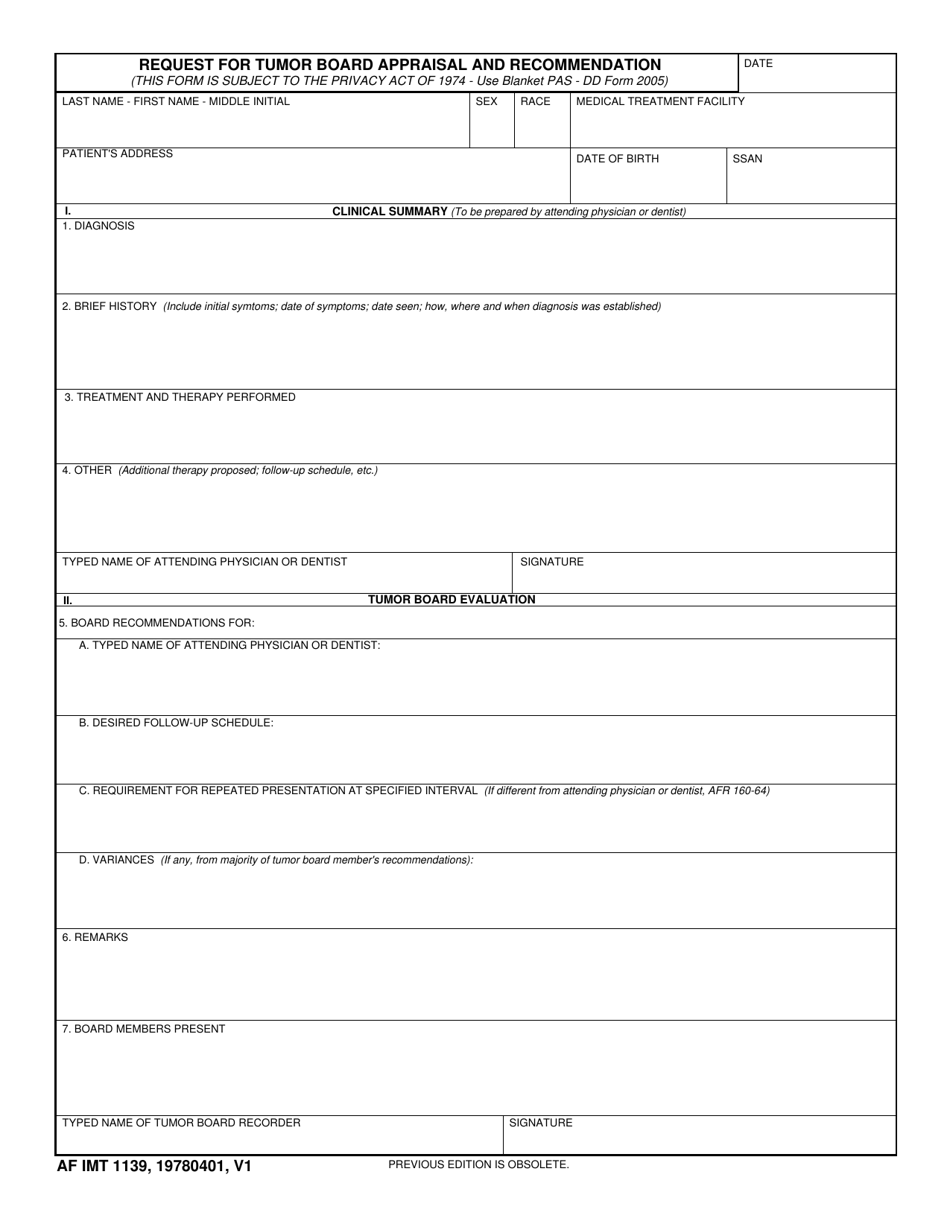 AF IMT Form 1139 Request for Tumor Board Appraisal and Recommendation, Page 1