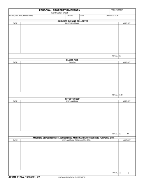 AF IMT Form 1122A Personal Property Inventory (Continuation Sheet)