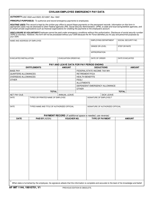 AF IMT Form 1144 Civilian Employee Emergency Pay Data