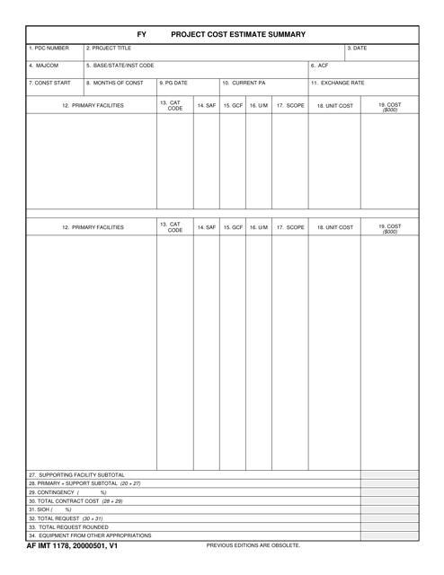 AF IMT Form 1178 FY Project Cost Estimate Summary