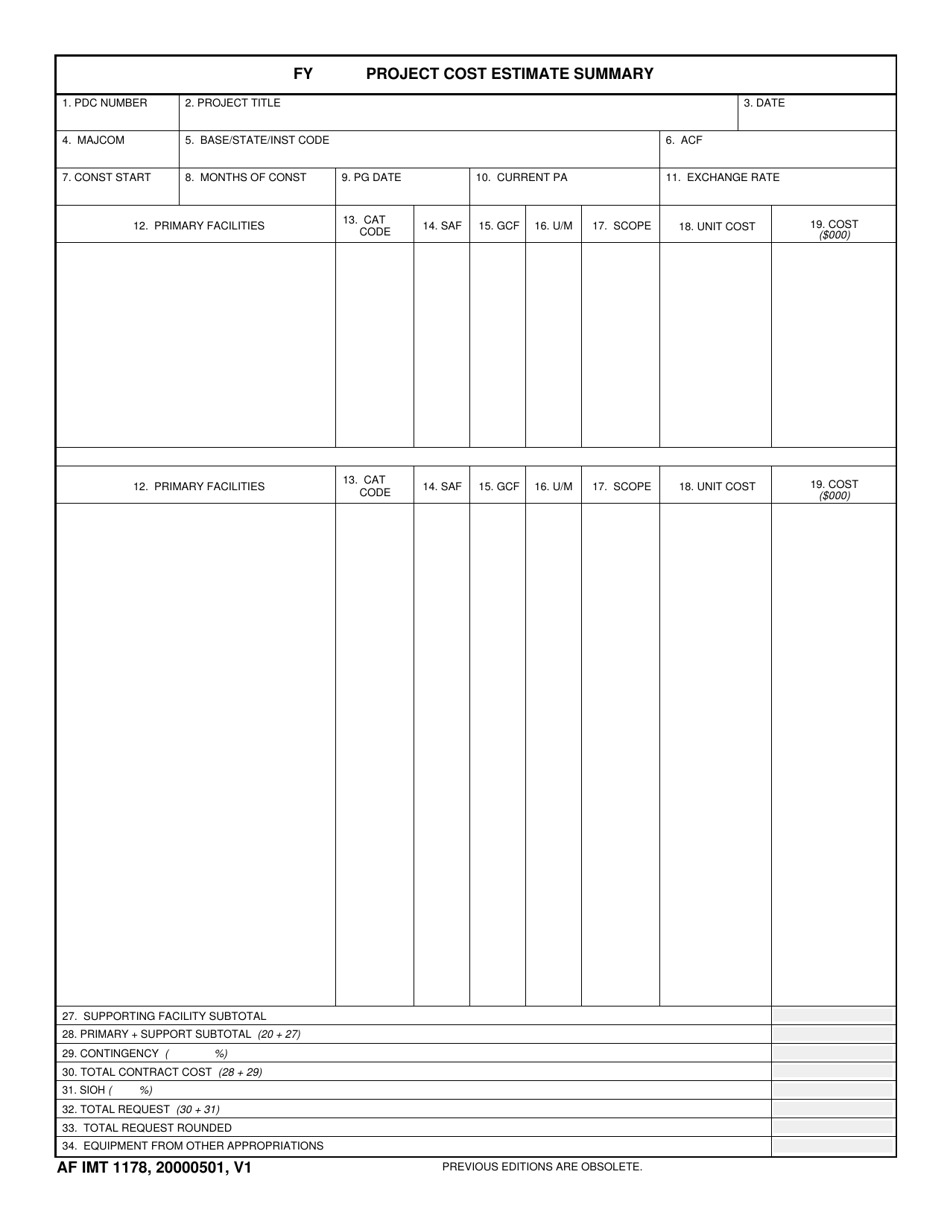 AF IMT Form 1178 FY Project Cost Estimate Summary, Page 1