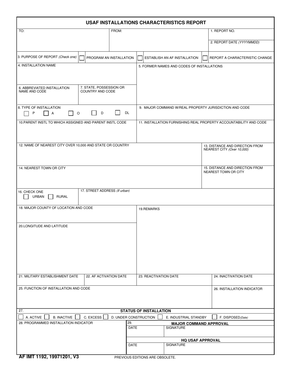 AF IMT Form 1192 USAF Installations Characteristics Report, Page 1
