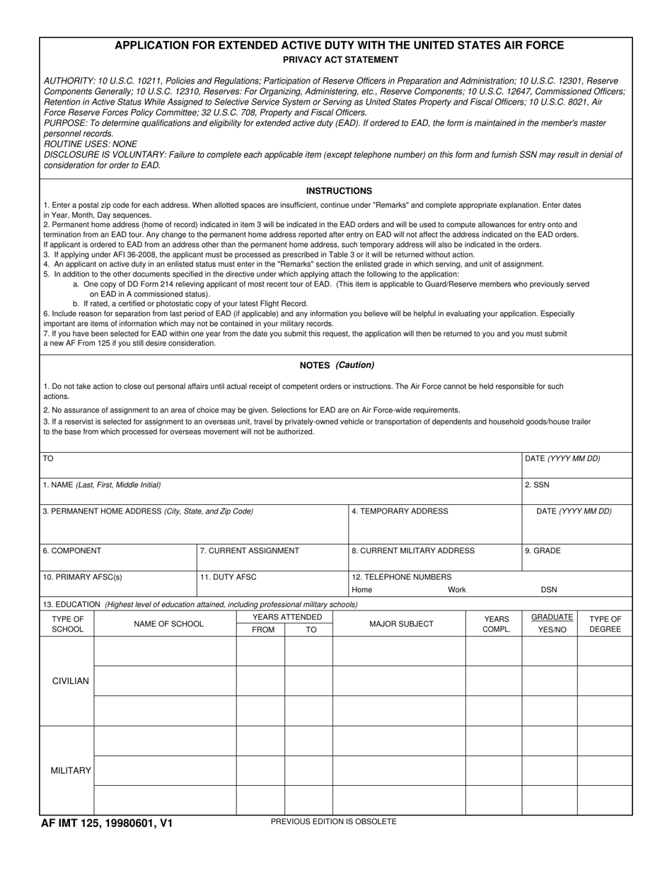 AF IMT Form 125 Application for Extended Active Duty With the United States Air Force, Page 1