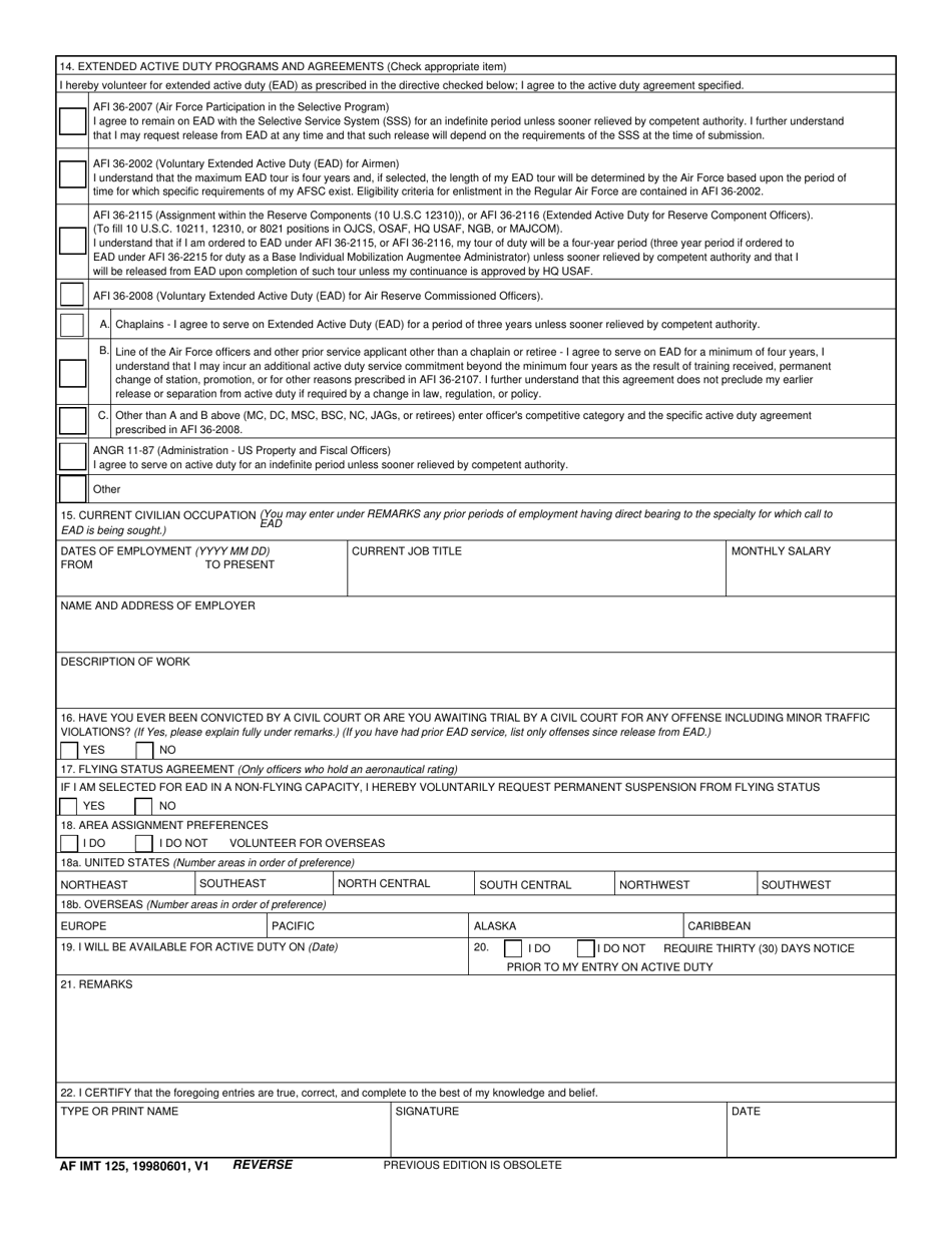 AF IMT Form 125 - Fill Out, Sign Online and Download Fillable PDF ...