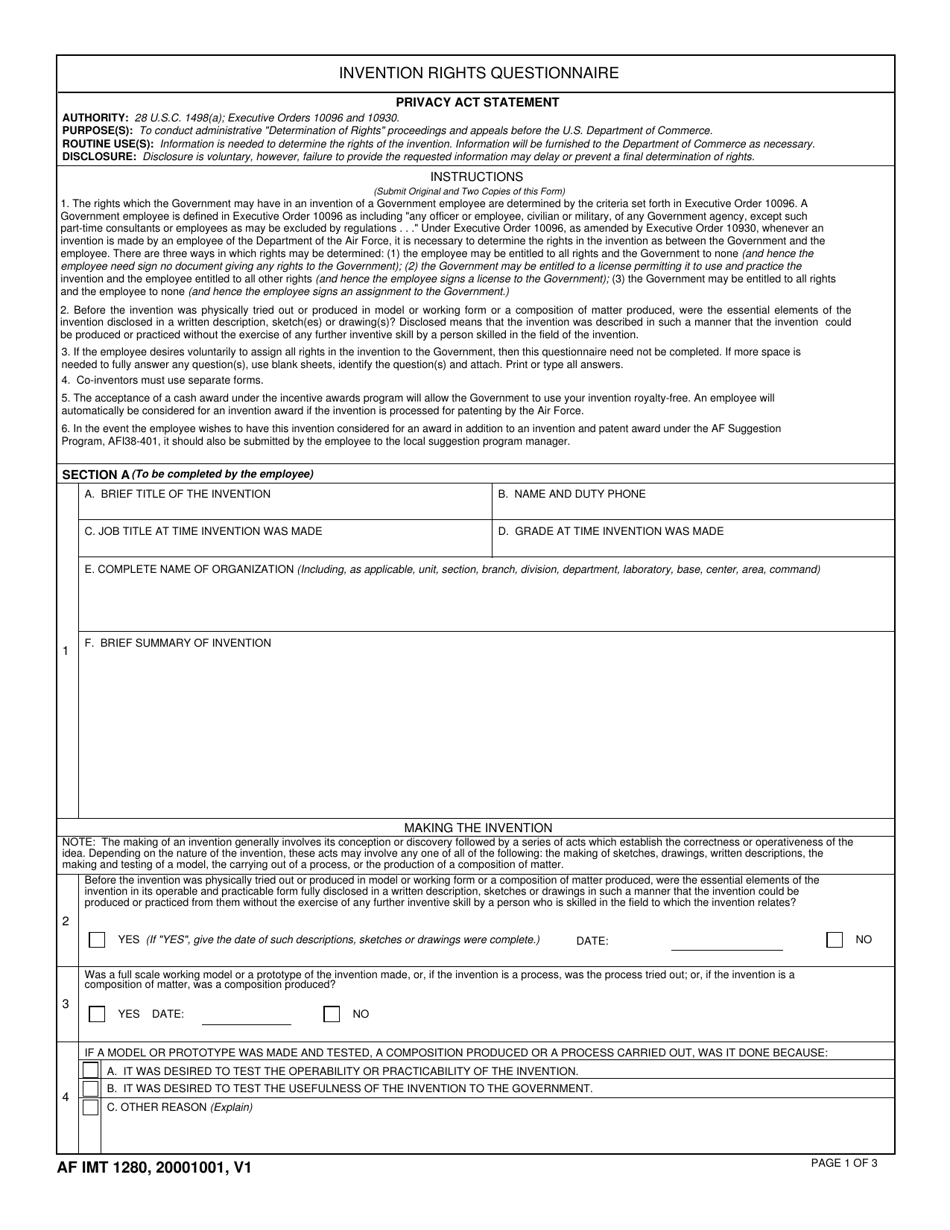 AF IMT Form 1280 Invention Rights Questionnaire, Page 1