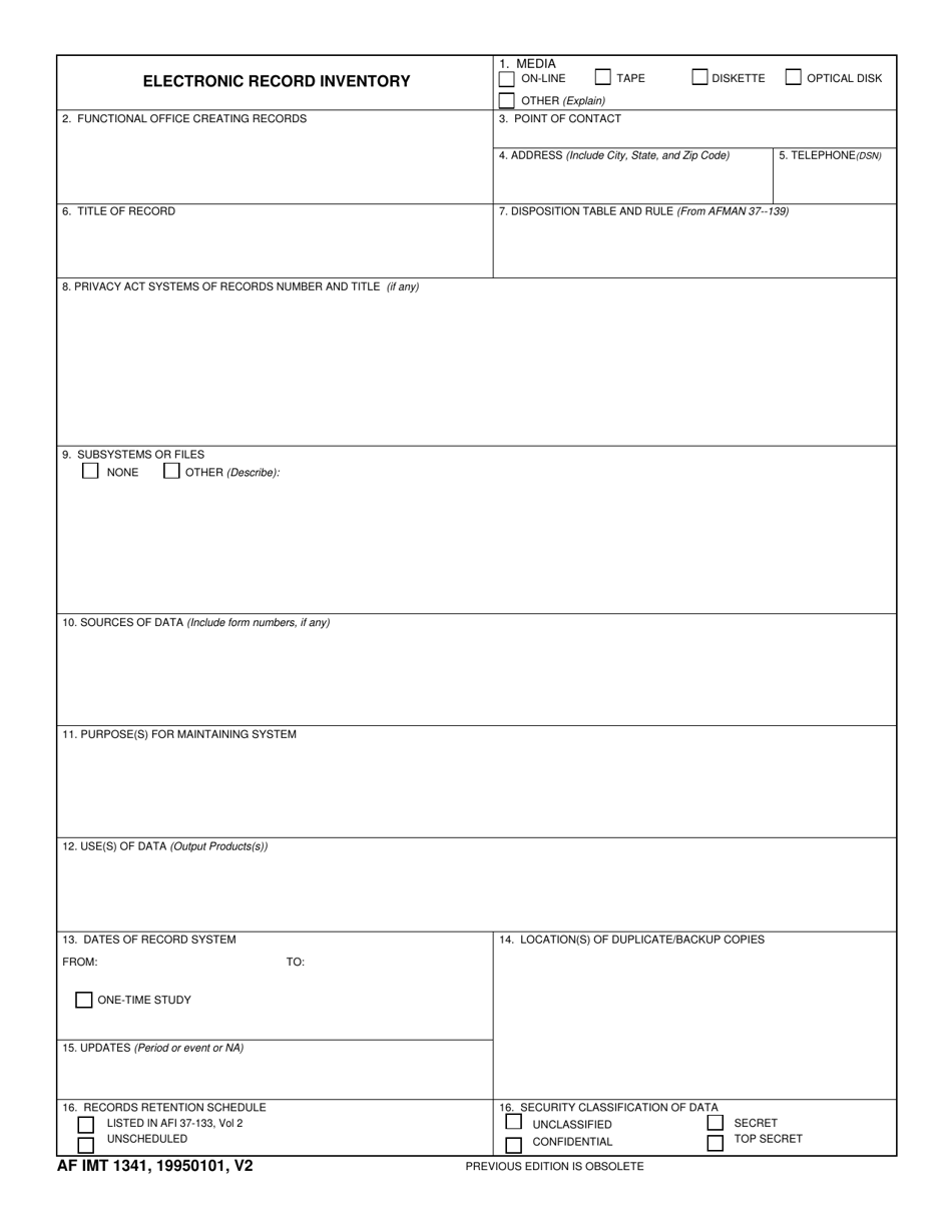 AF IMT Form 1341 Electronic Record Inventory, Page 1