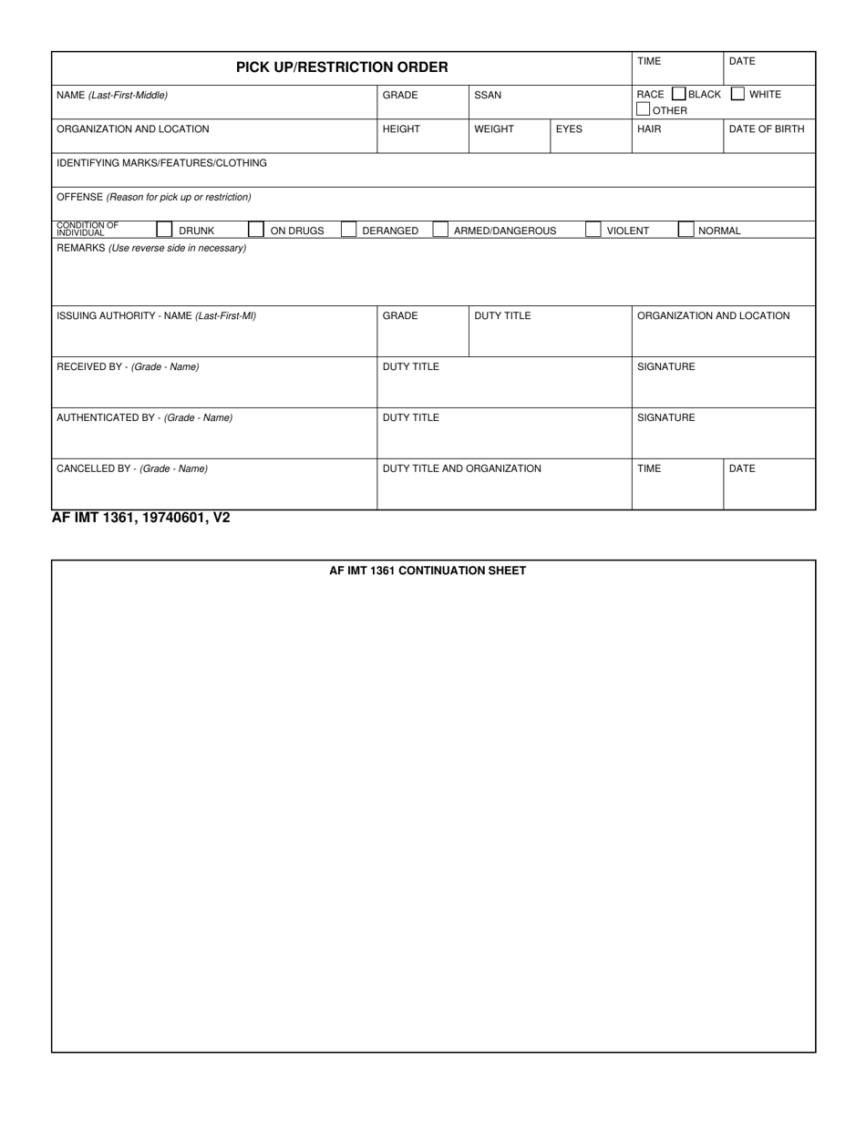 AF IMT Form 1361 Pick up / Restriction Order, Page 1