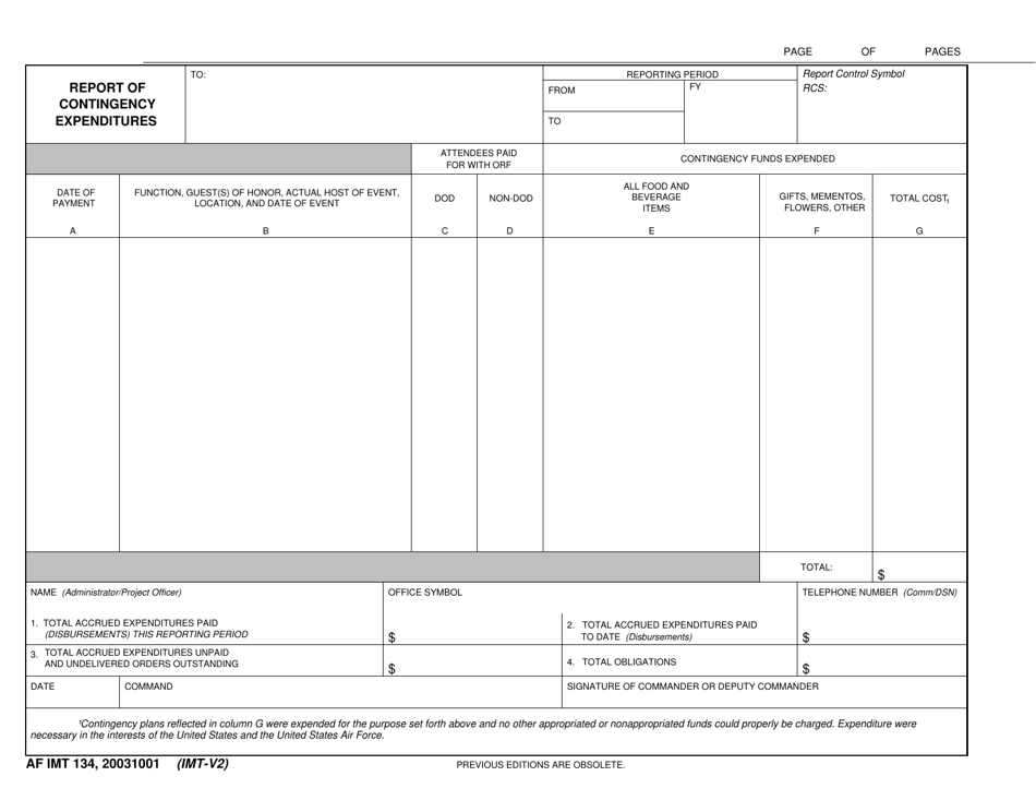 AF IMT Form 134 Report of Contingency Expenditures, Page 1
