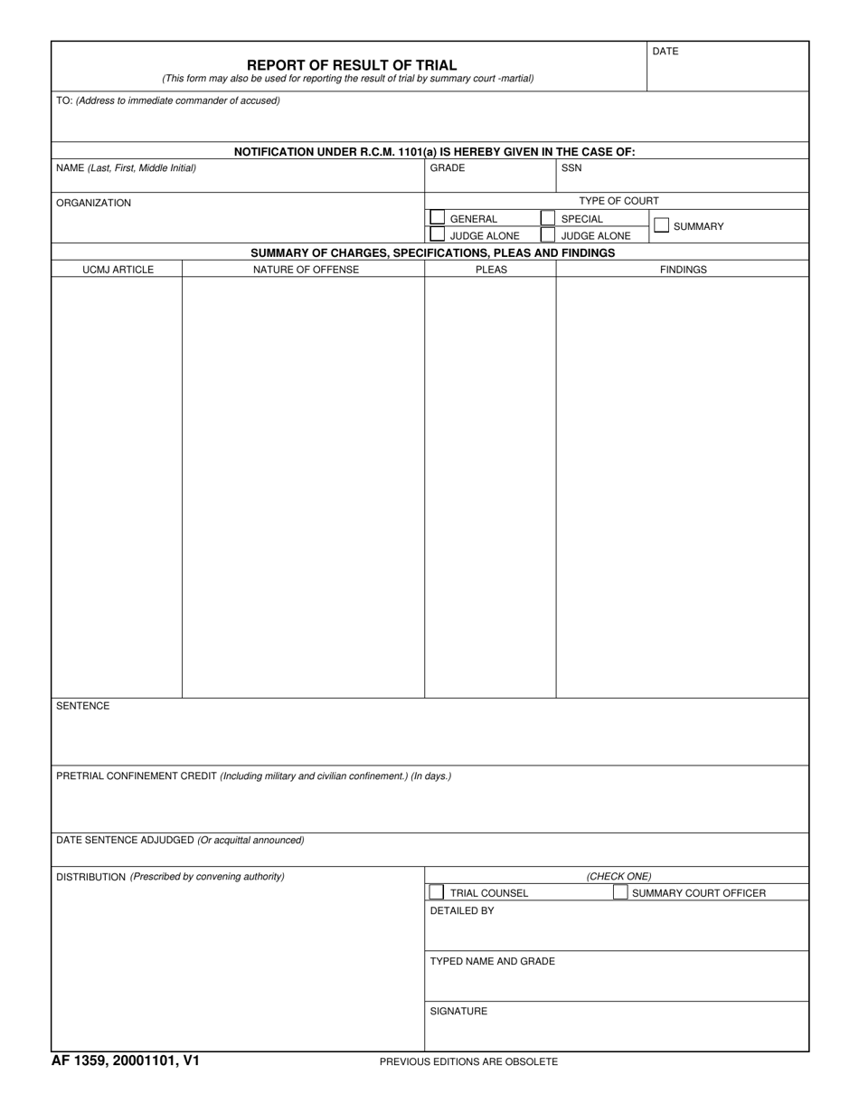 AF IMT Form 1359 Report of Result of Trial, Page 1