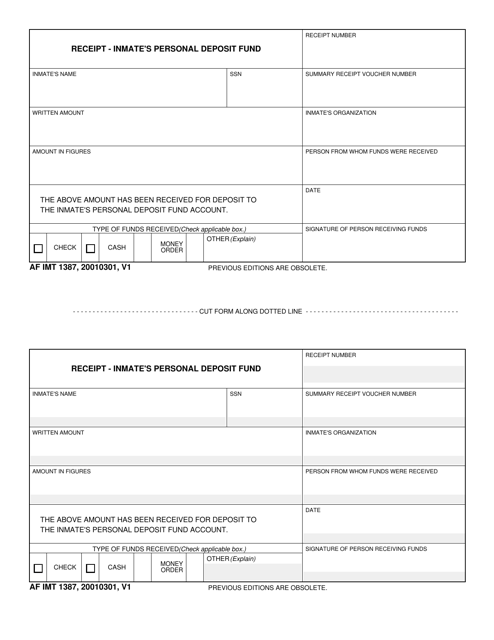 AF IMT Form 1387 Receipt - Inmate's Personal Deposit Fund