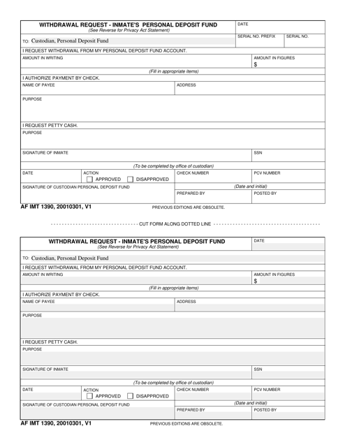 AF IMT Form 1390 Withdrawal Request - Inmate's Personal Deposit Fund
