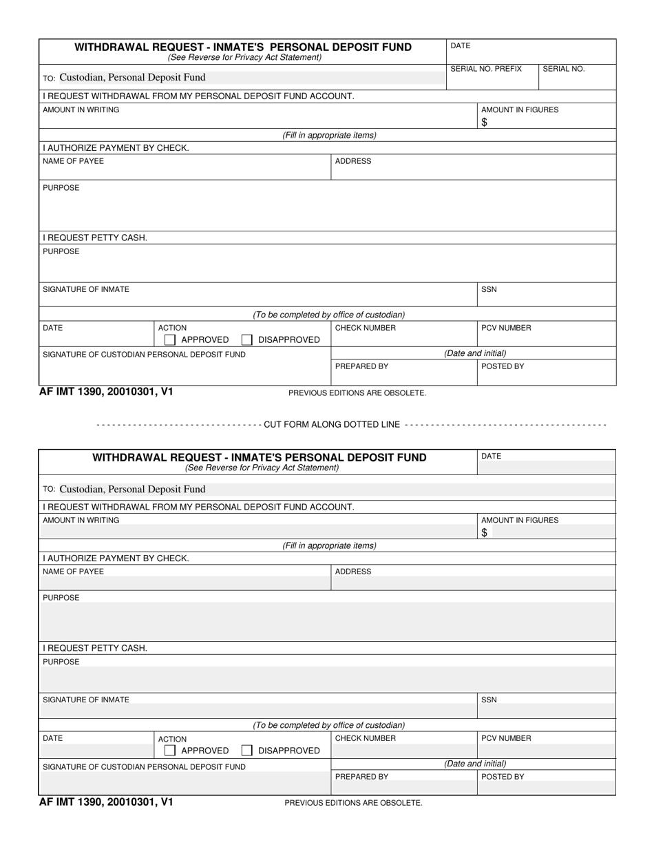 AF IMT Form 1390 Withdrawal Request - Inmates Personal Deposit Fund, Page 1
