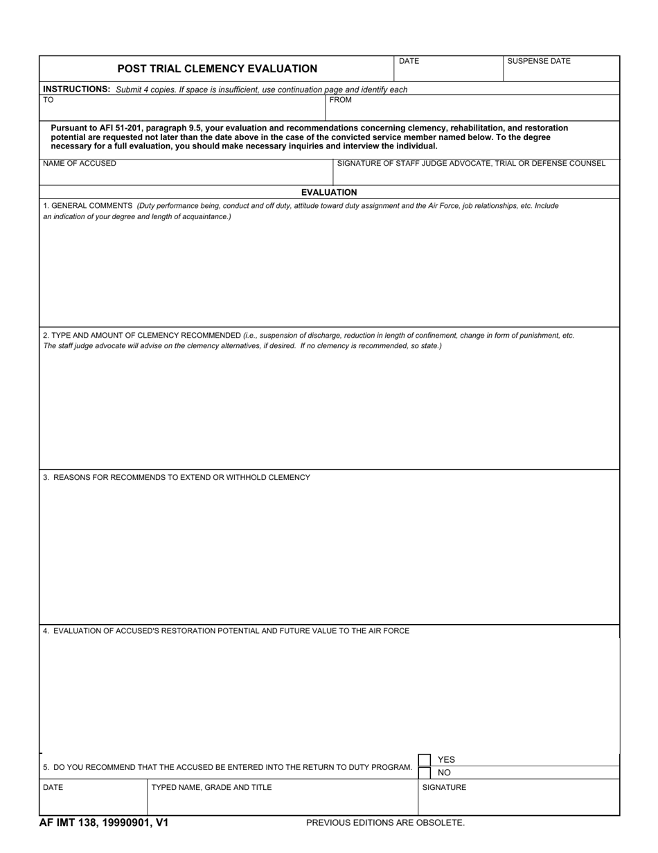 AF IMT Form 138 Post Trial Clemency Evaluation, Page 1
