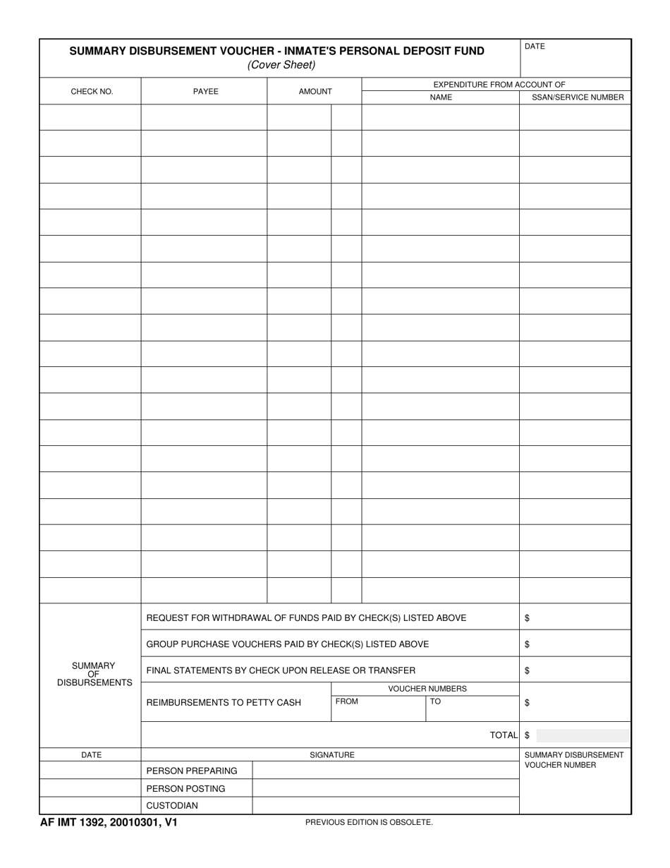 AF IMT Form 1392 Summary Disbursement Voucher - Inmates Personal Deposit Fund, Page 1