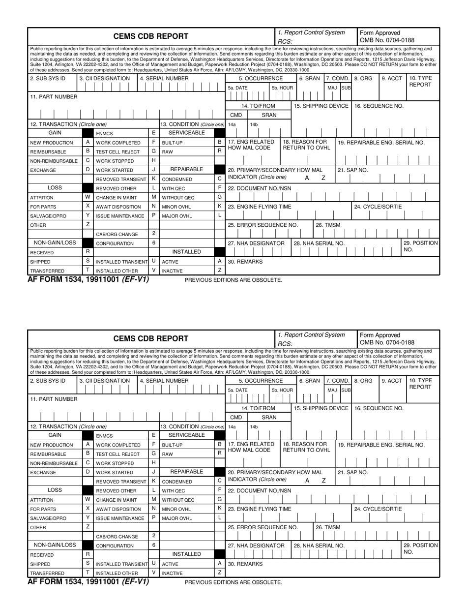 AF Form 1534 Cems CDB Report, Page 1