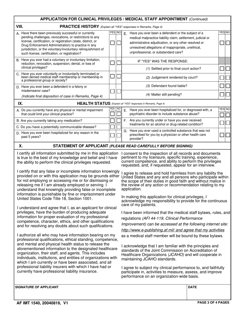 AF IMT Form 1540 Application for Clinical Privileges / Medical Staff Appointment, Page 3