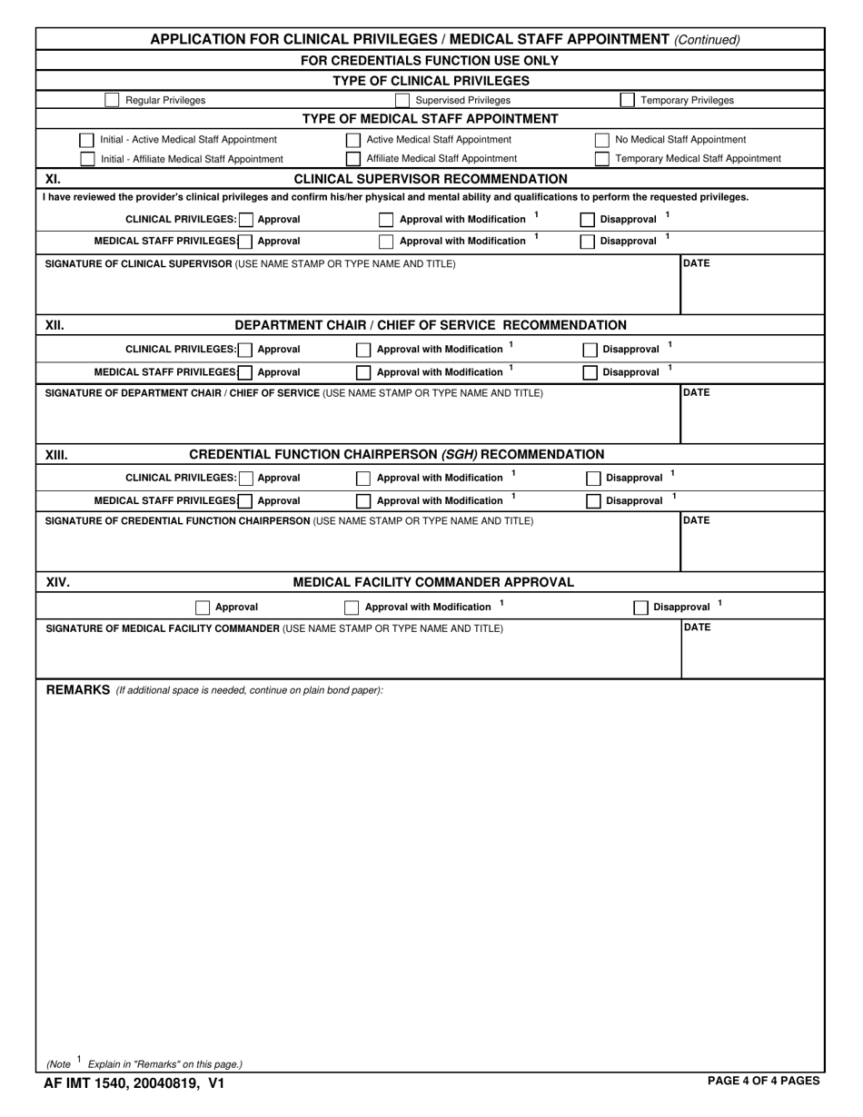 AF IMT Form 1540 Application for Clinical Privileges / Medical Staff Appointment, Page 4