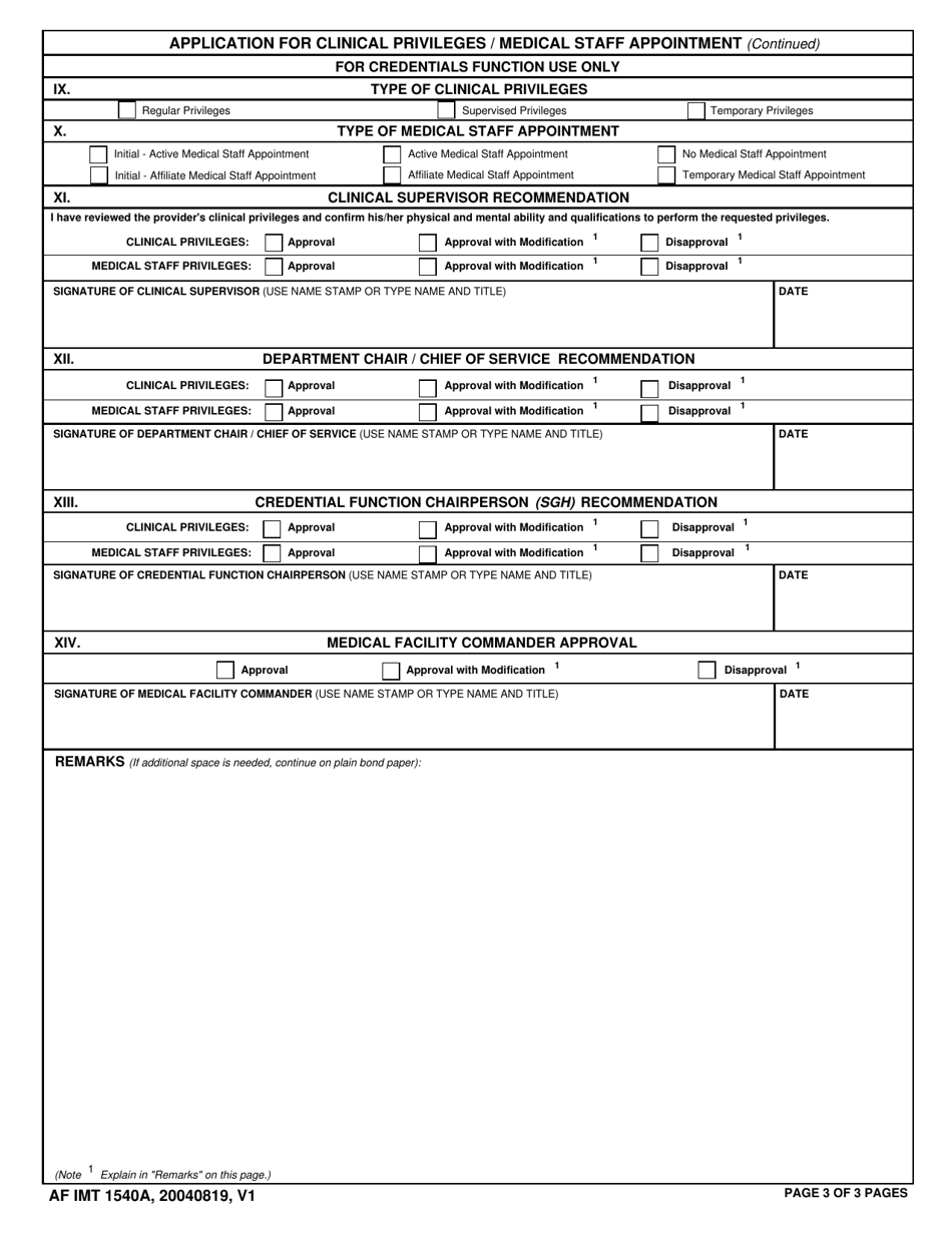 AF Form 1540A Application for Clinical Privileges / Medical Staff Appointment Update, Page 3