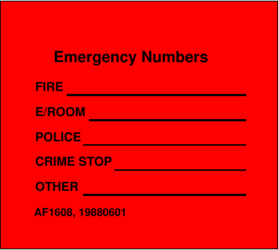 AF Form 1608 Emergency Numbers, Page 1