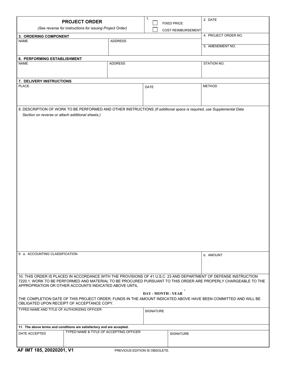 AF IMT Form 185 Project Order, Page 1