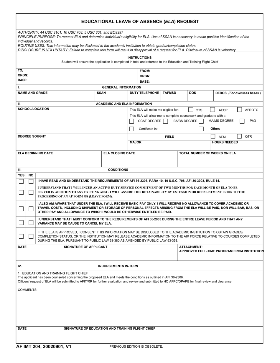 AF IMT Form 204 Educational Leave of Absence (ELA) Request, Page 1