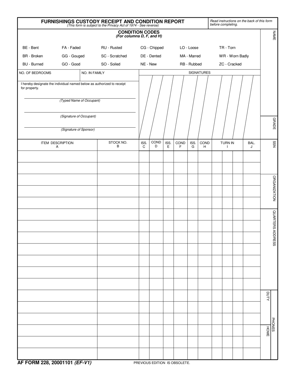 AF IMT Form 228 Furnishings Custody Receipt and Condition Report, Page 1