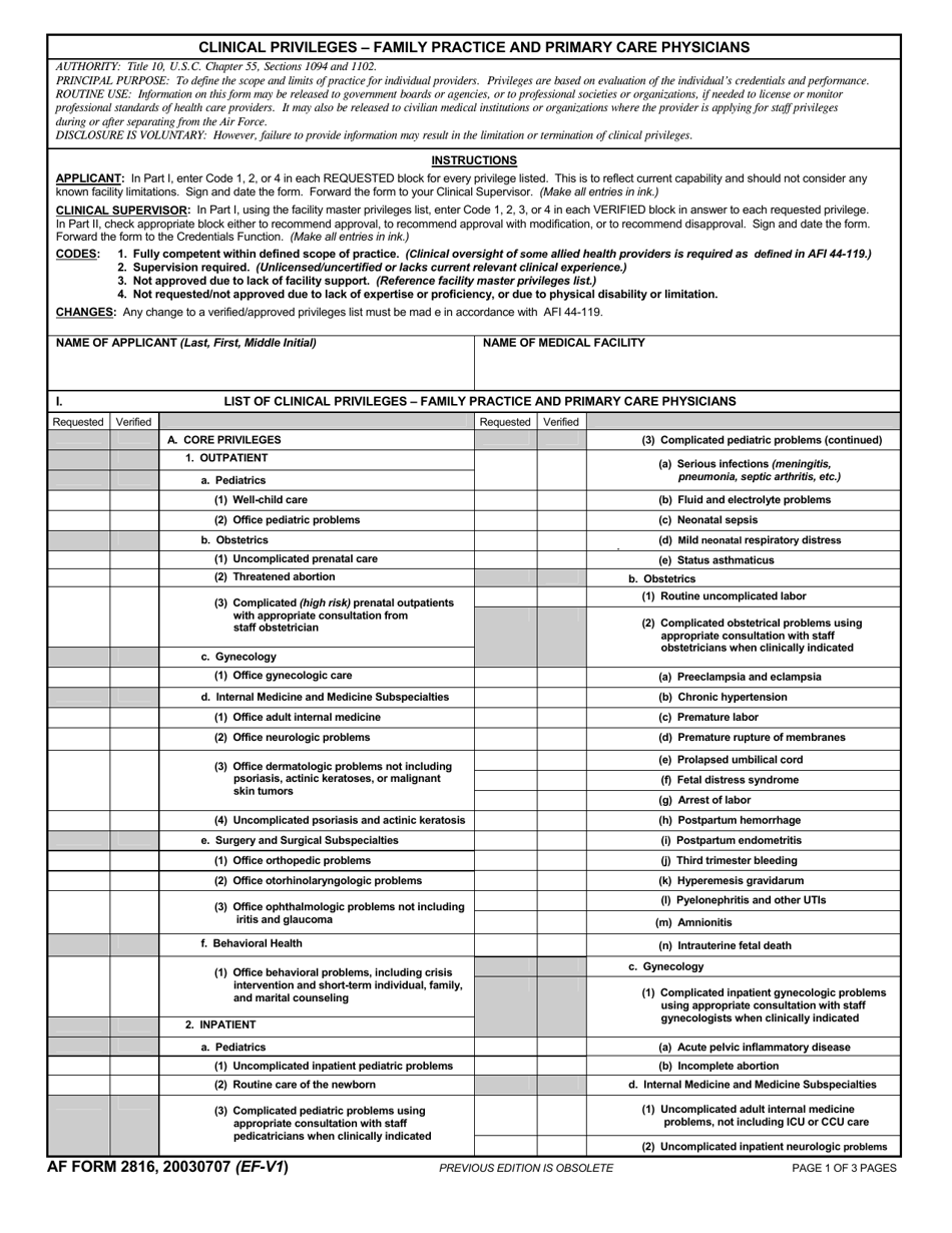 AF Form 2816 Clinical Privileges - Family Practice and Primary Care Physicians, Page 1
