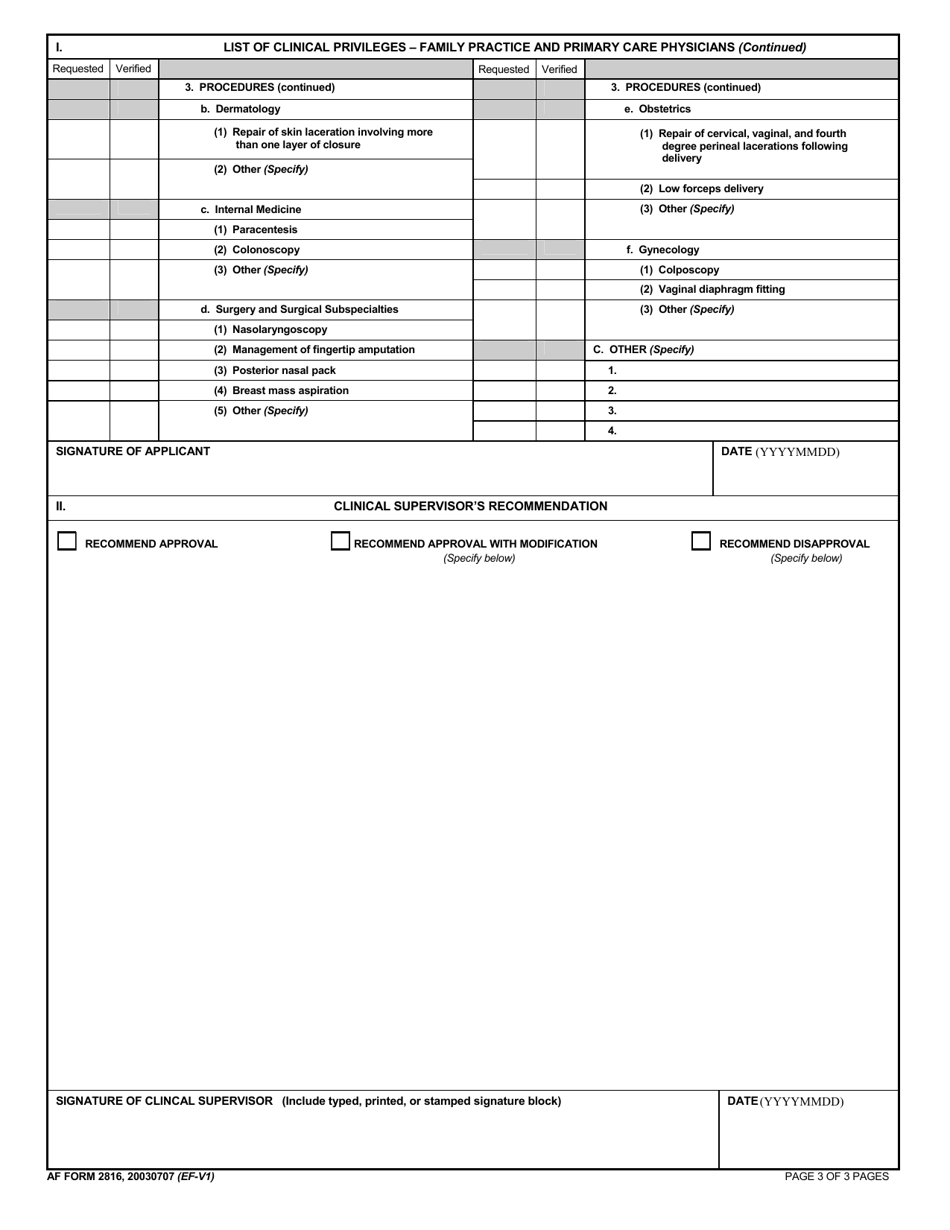 AF Form 2816 Clinical Privileges - Family Practice and Primary Care Physicians, Page 3