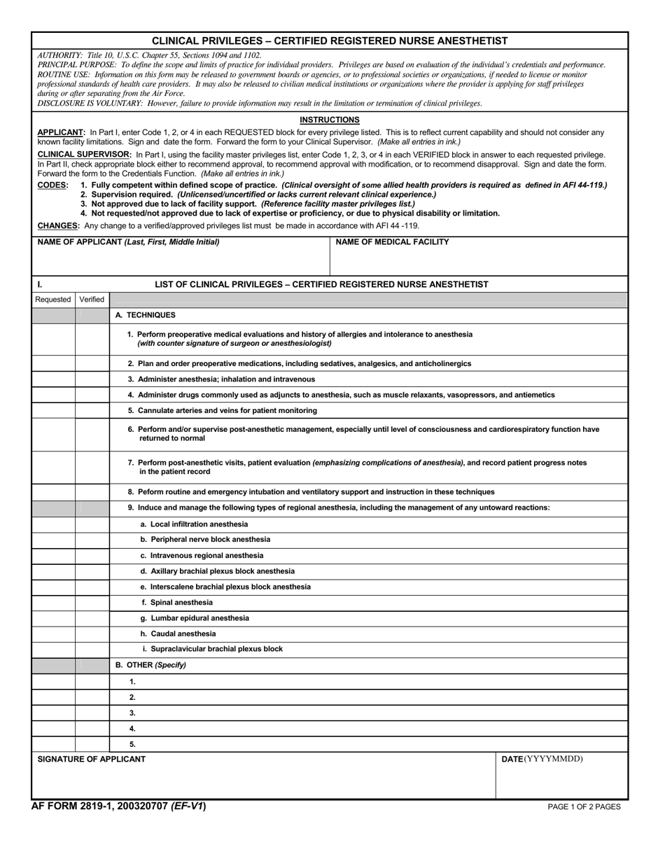AF Form 2819-1 Clinical Privileges - Certified Registered Nurse Anesthetist, Page 1