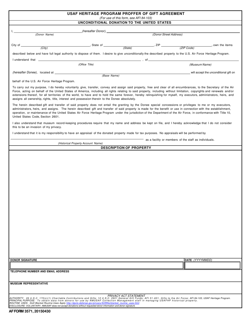 AF Form 3571 USAF Heritage Program Proffer of Gift Agreement, Page 1