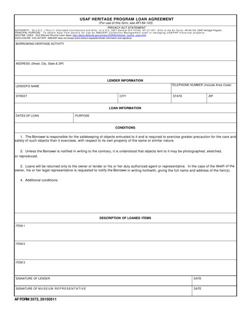 AF Form 3572 USAF Heritage Program Loan Agreement