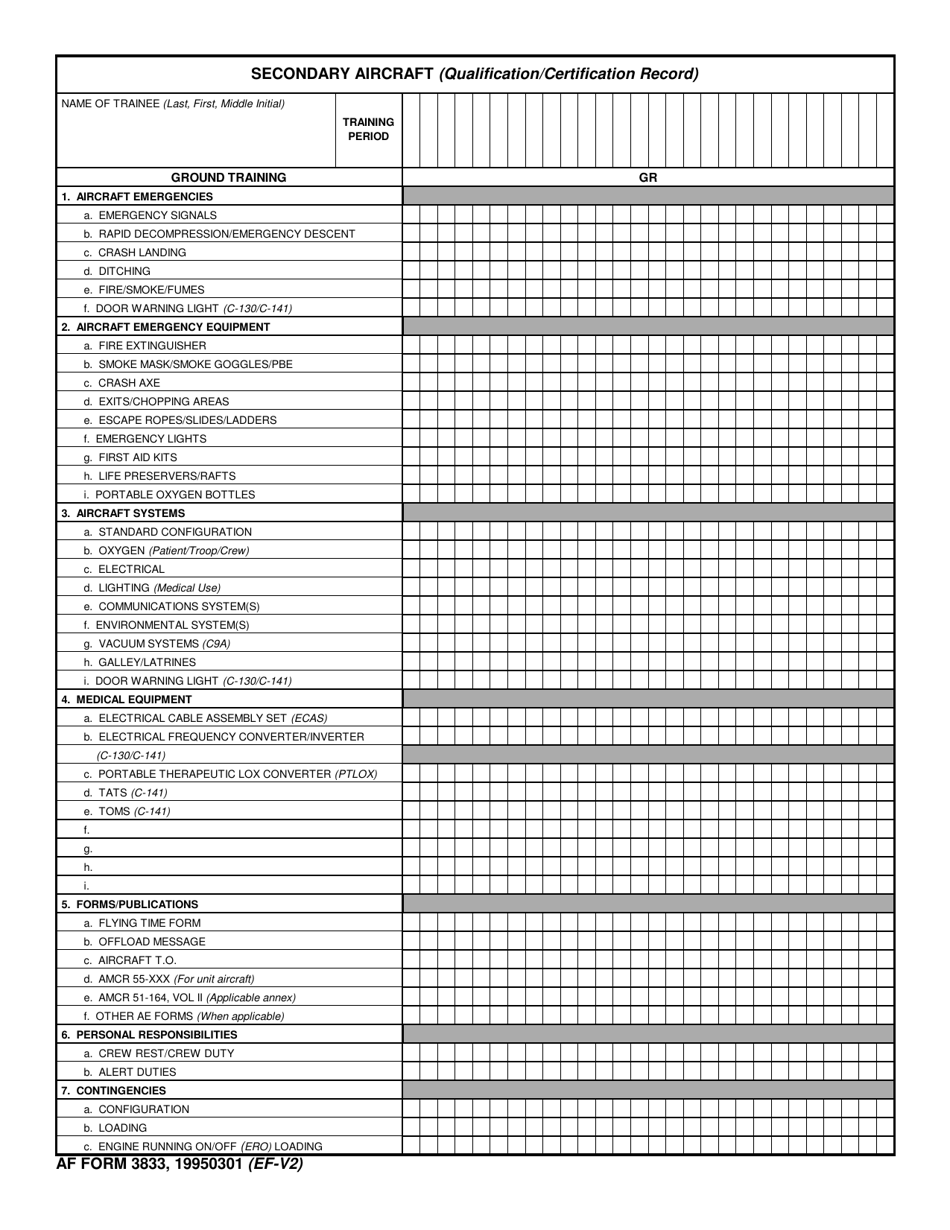 AF Form 3833 Secondary Aircraft (Qualification Training Record), Page 1