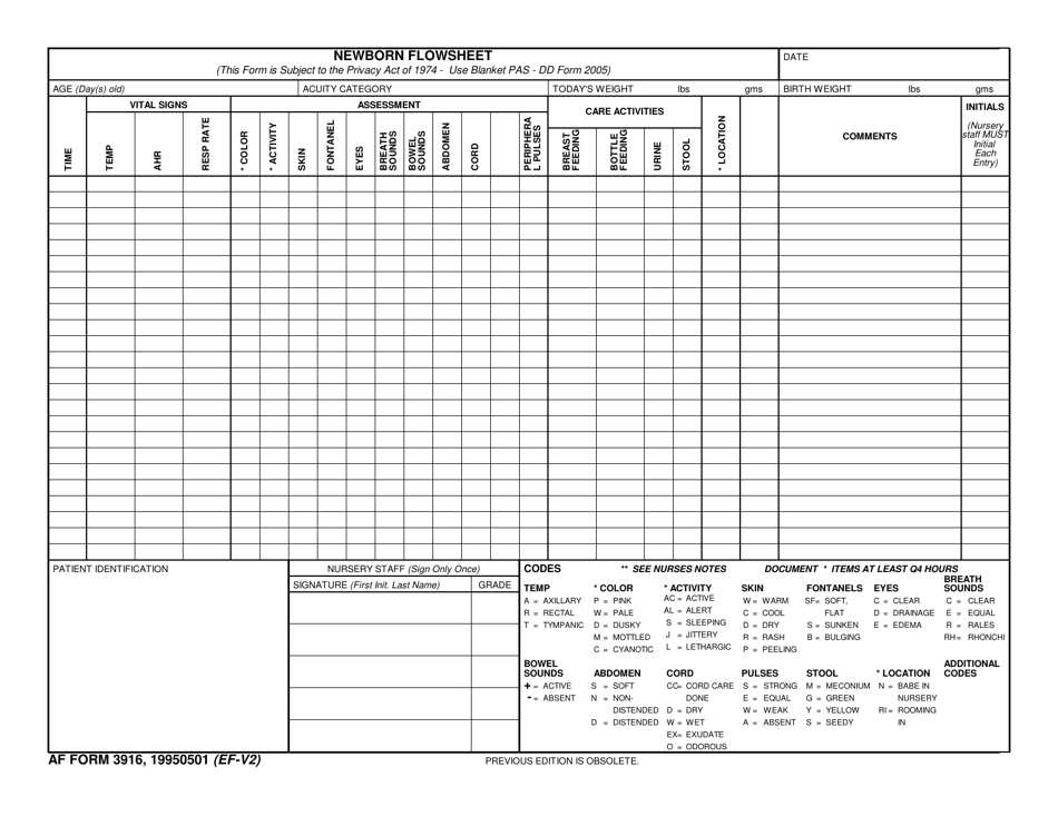 AF Form 3916 Newborn Flowsheet, Page 1