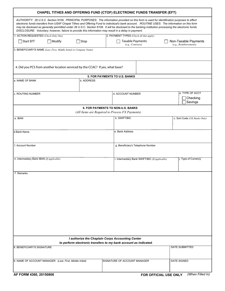 AF Form 4360 Chapel Tithes and Offering Fund (Ctof) Electronic Funds Transfer (Eft), Page 1