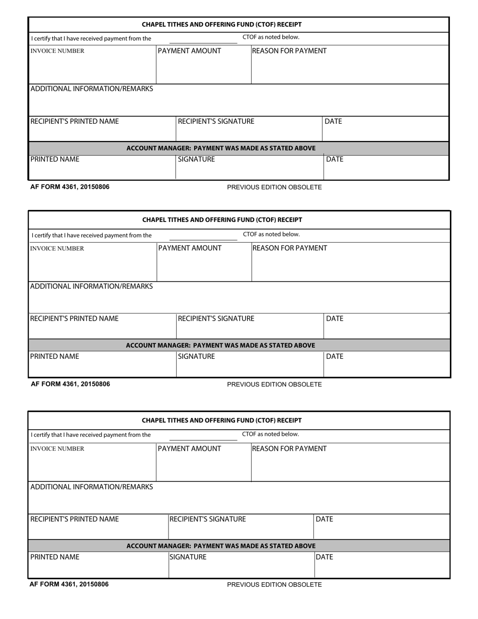 AF Form 4361 Chapel Tithes and Offering Fund (Ctof) Receipt, Page 1