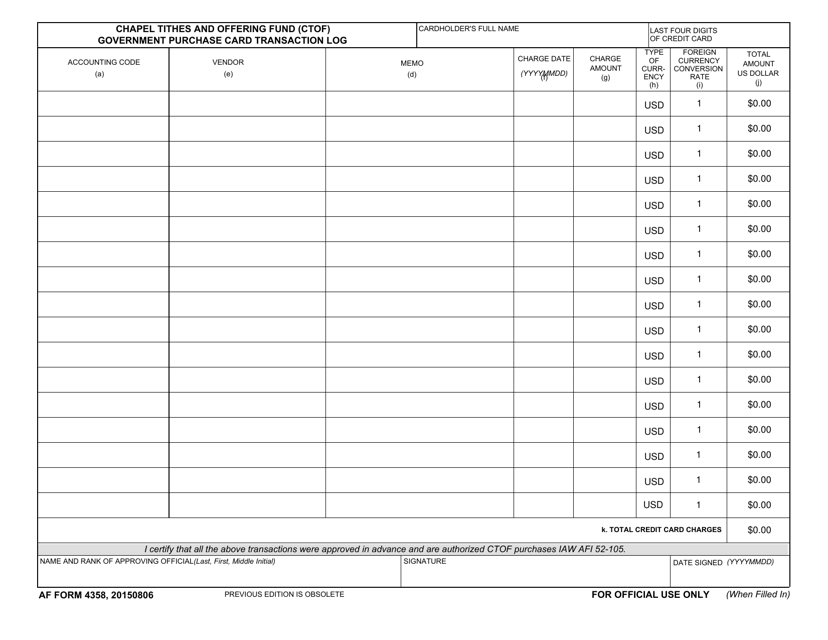 AF Form 4358 Chapel Tithes and Offering Fund (Ctof) Government Purchase Card Transaction Log
