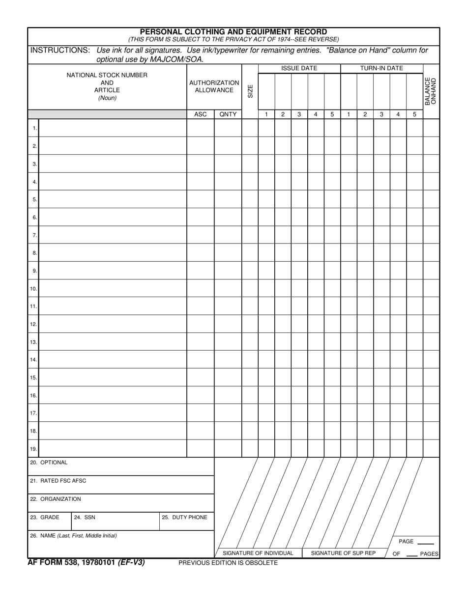 AF Form 538 Personal Clothing and Equipment Record, Page 1